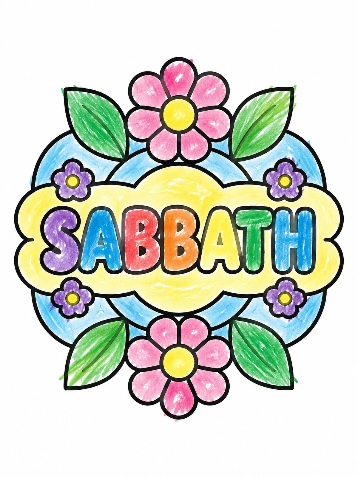 Colored example of the Floral Sabbath Word Art coloring page
