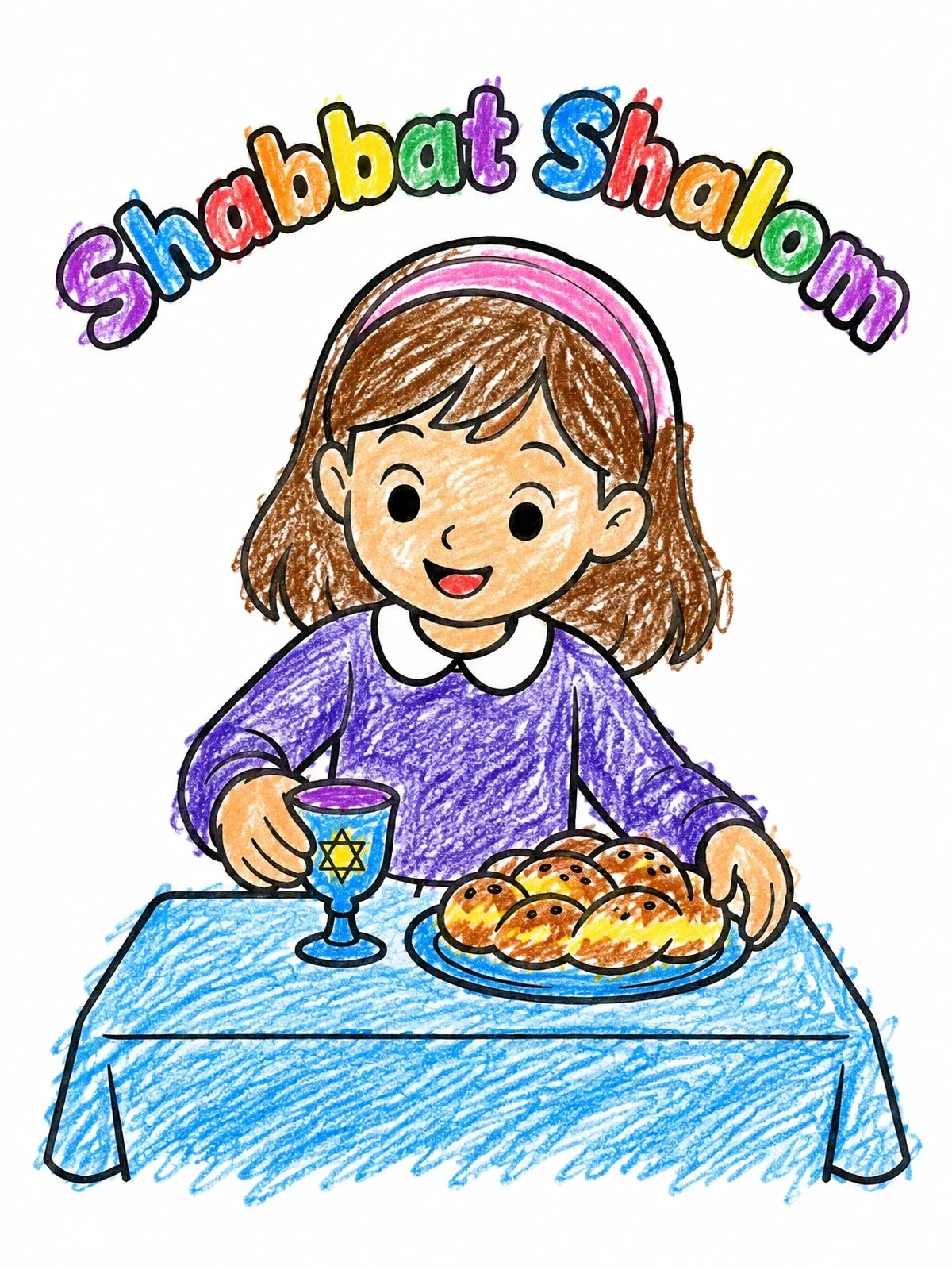 Colored example of the Shabbat Shalom With Challah And Cup coloring page