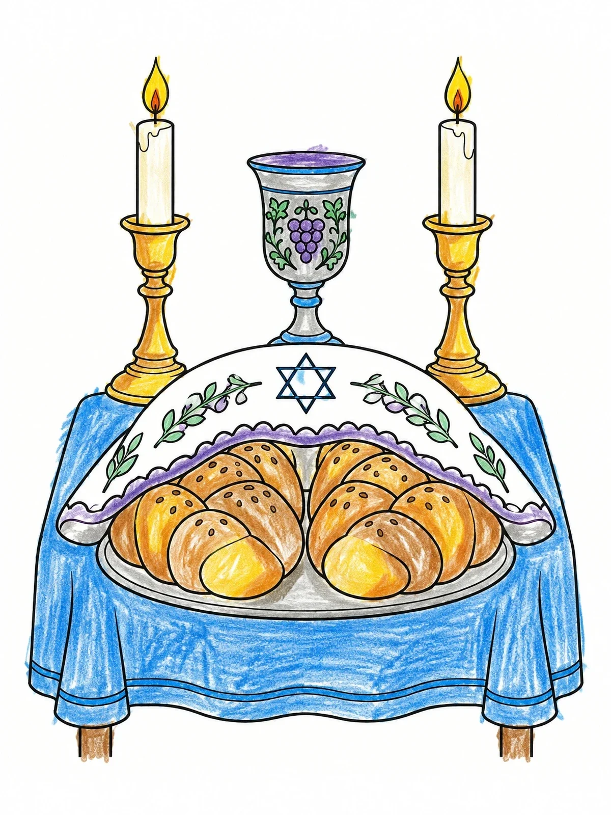 Colored example of the Shabbat Table With Challah And Candles coloring page