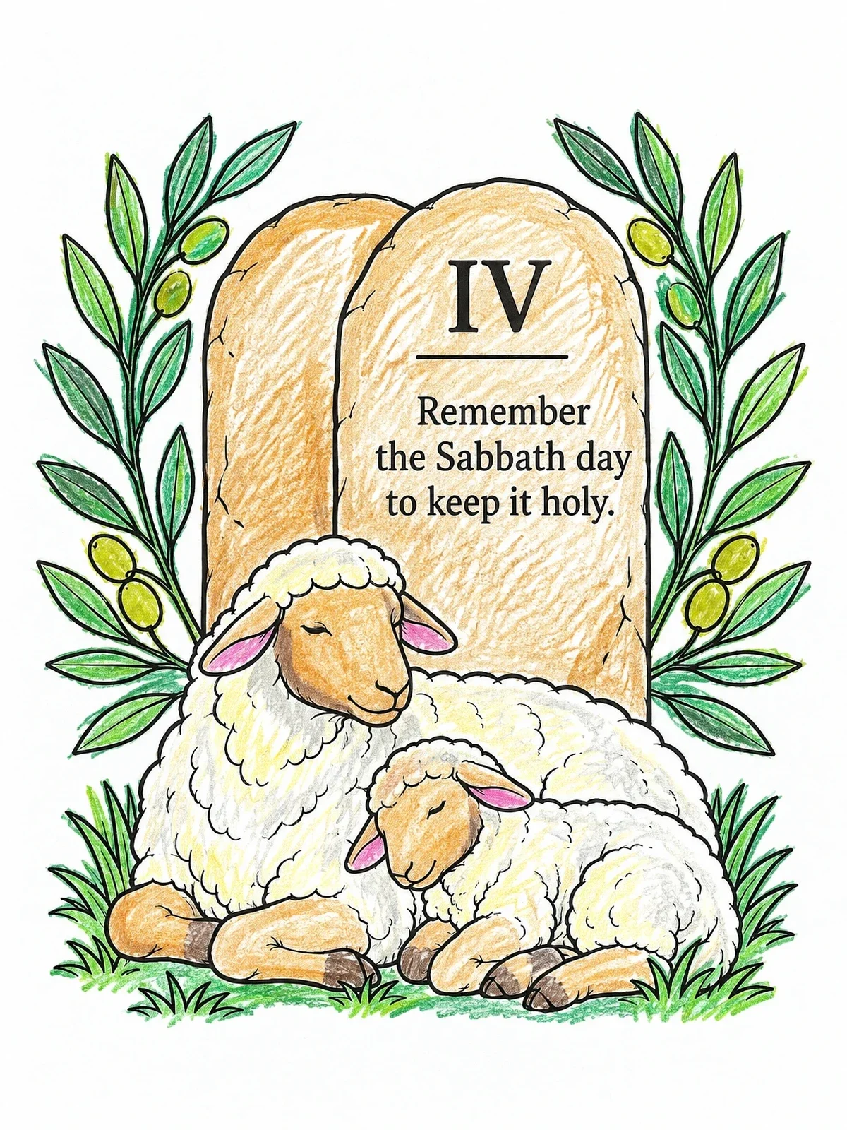 Colored example of the Stone Tablets And Resting Sheep coloring page