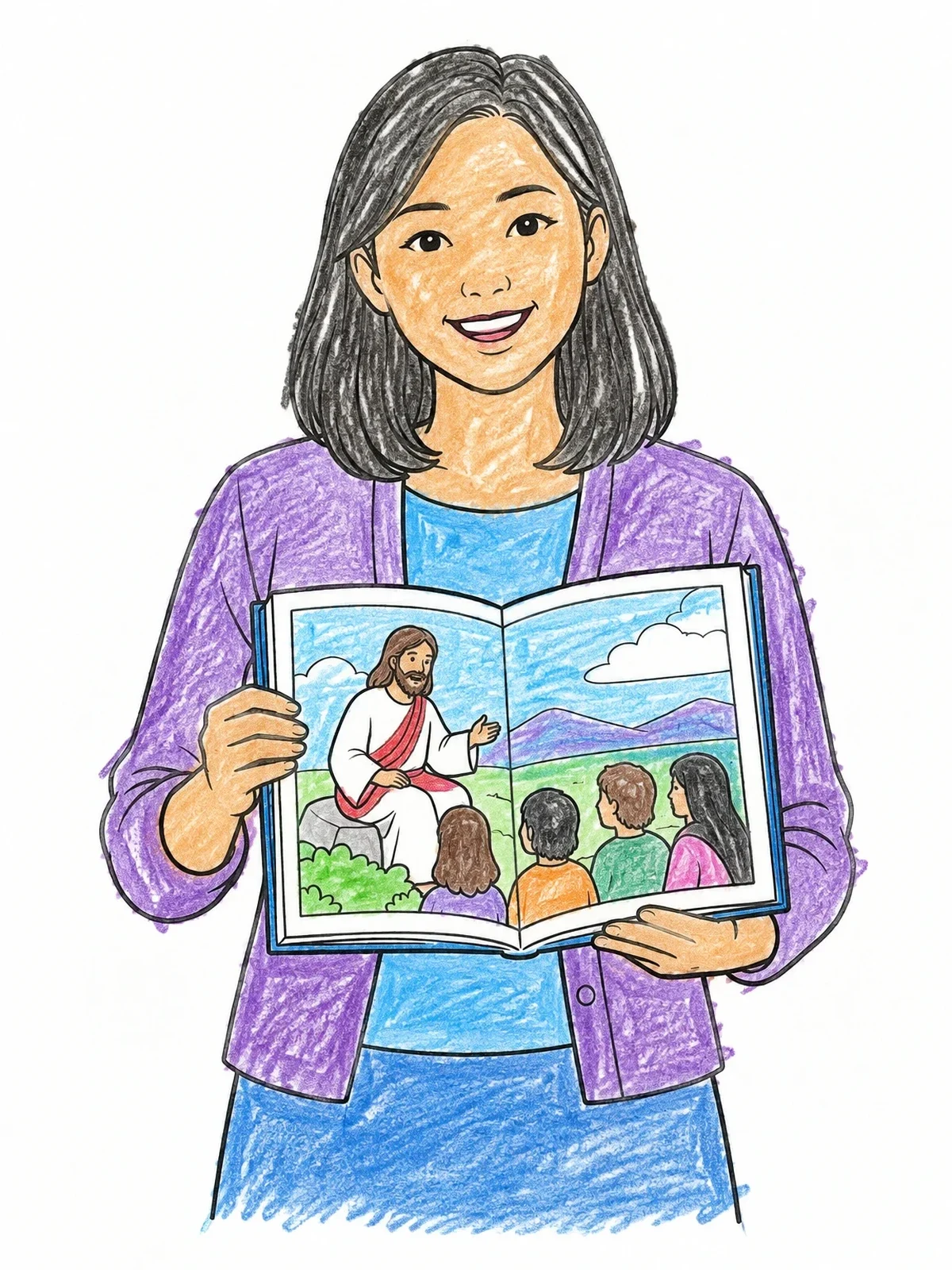 Colored example of the Sunday School Teacher With Bible Storybook coloring page