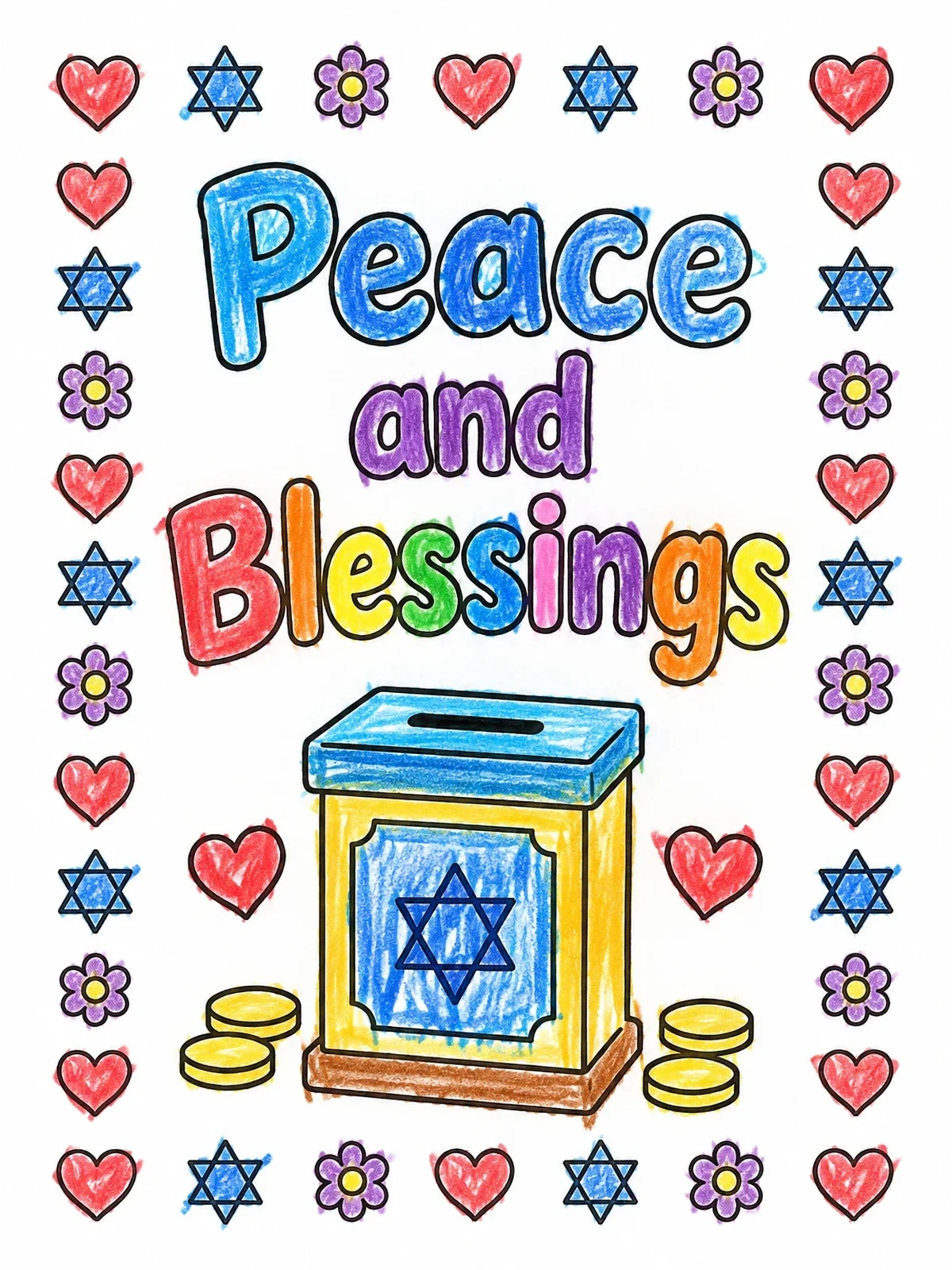 Colored example of the Tzedakah Box With Peace And Blessings coloring page