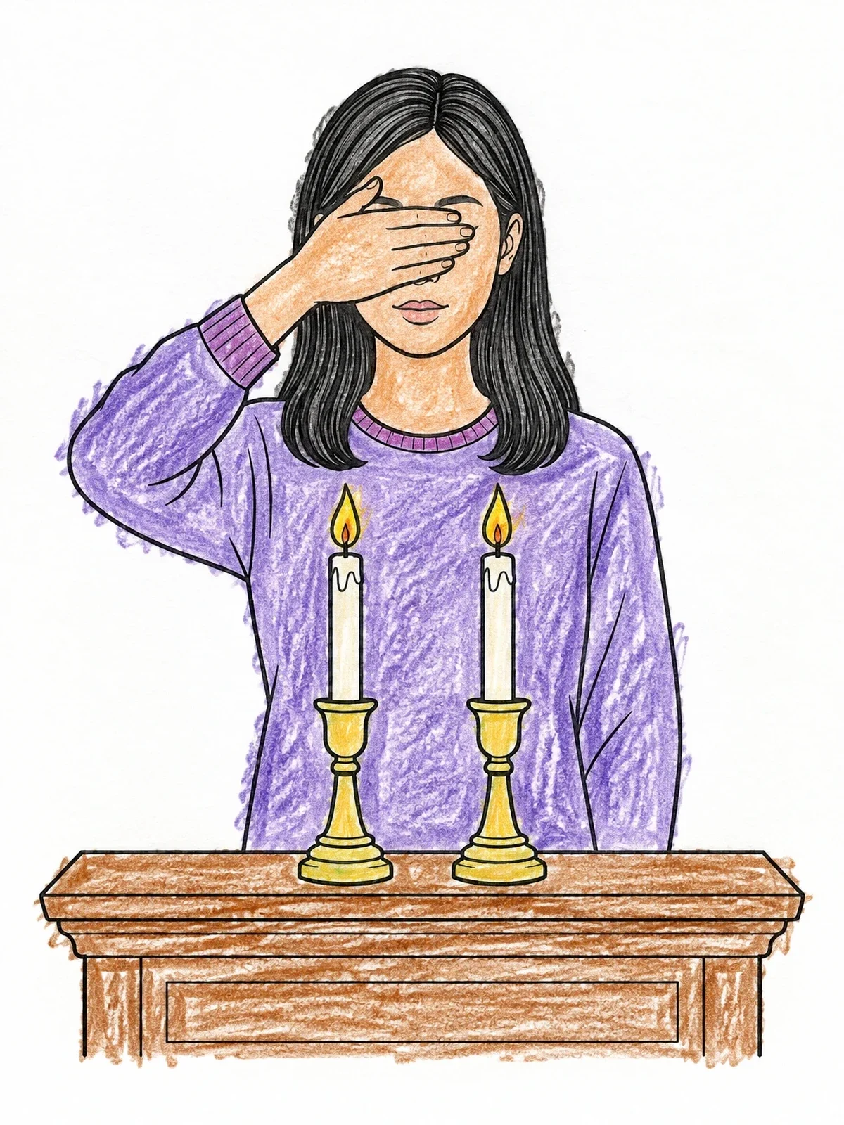 Colored example of the Woman Blessing Shabbat Candles coloring page