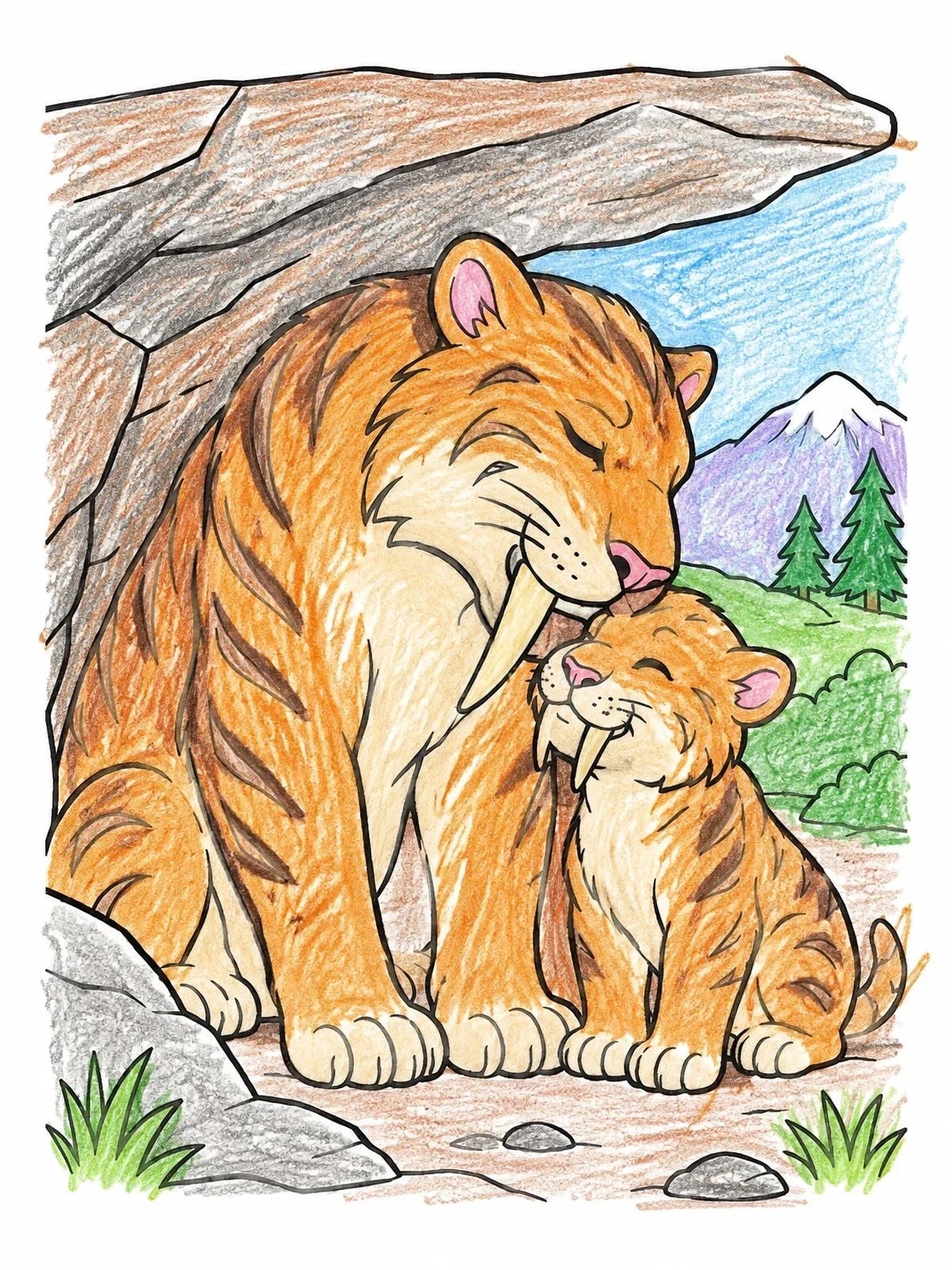 Colored example of the Saber Toothed Cat And Cub coloring page