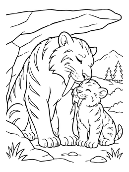 A saber tooth coloring page featuring a mother cat nuzzling her cub under a rocky cave.