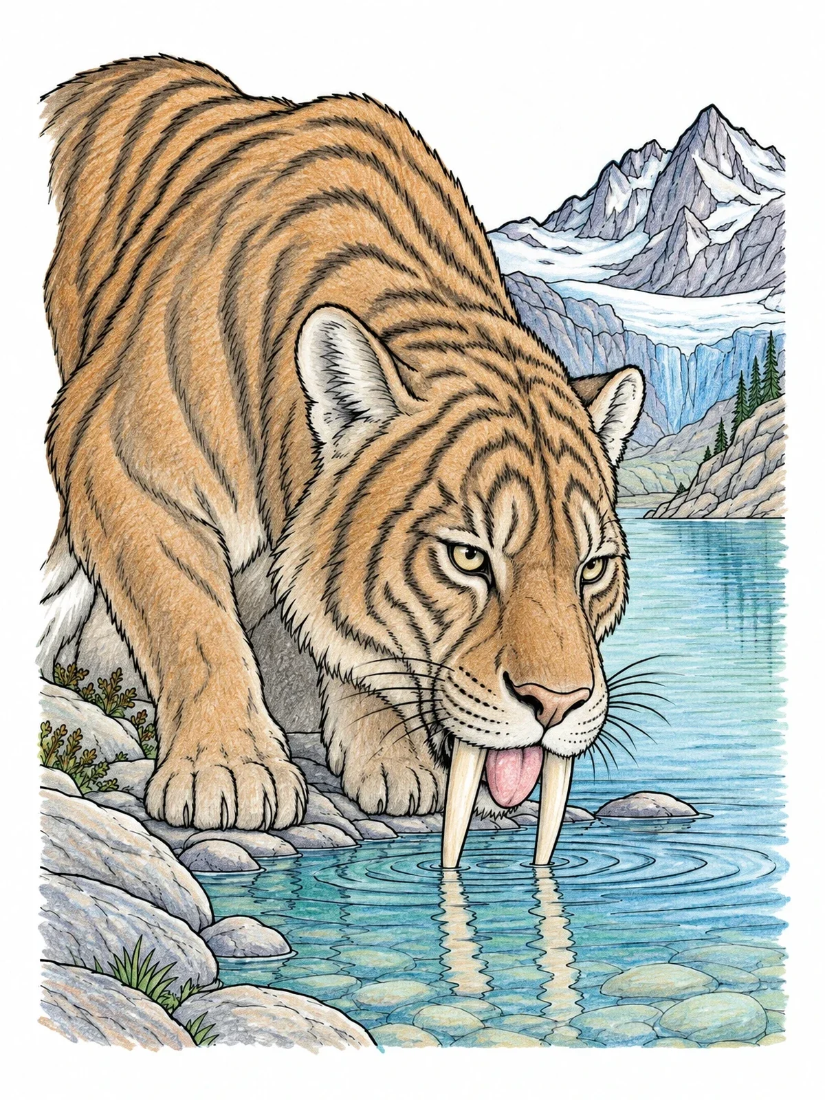 Colored example of the Saber Toothed Cat By Mountain Lake coloring page