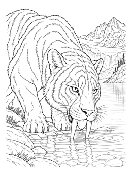 A saber-toothed cat drinks from a glacial lake in this detailed saber tooth coloring page.