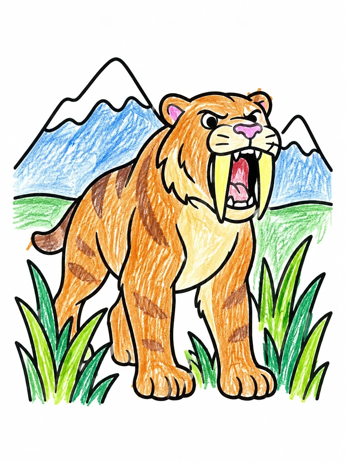 Colored example of the Roaring Saber Toothed Cat In Grass coloring page