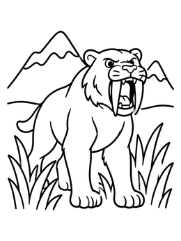 Free printable Roaring Saber Toothed Cat In Grass coloring page