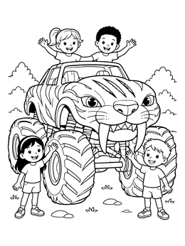 A saber-tooth tiger monster truck coloring page with cheerful children waving around it.