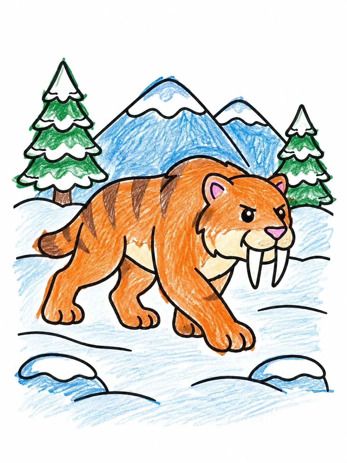 Colored example of the Cartoon Saber Tooth Tiger In Snow coloring page