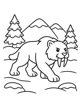 A friendly saber tooth tiger prowling in snowy hills on this tooth coloring page.