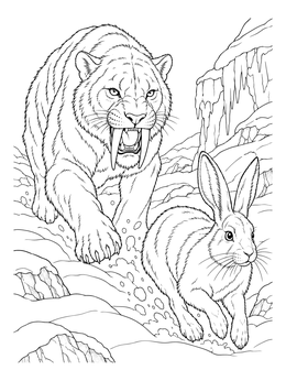 A saber-toothed cat stalks an arctic hare in this ice coloring page.