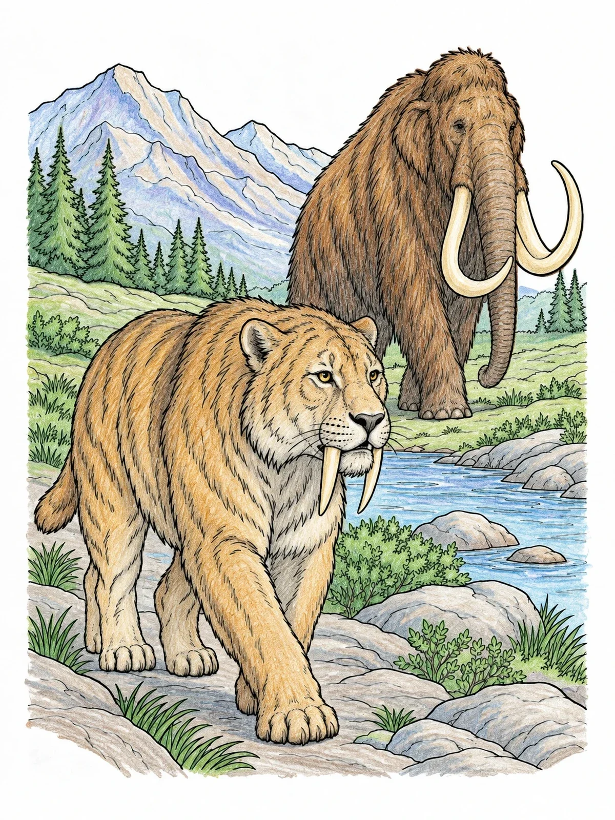 Colored example of the Prehistoric Saber Toothed Cat And Mammoth coloring page