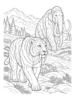 A saber tooth coloring page featuring a prehistoric cat walking with a woolly mammoth near mountains.