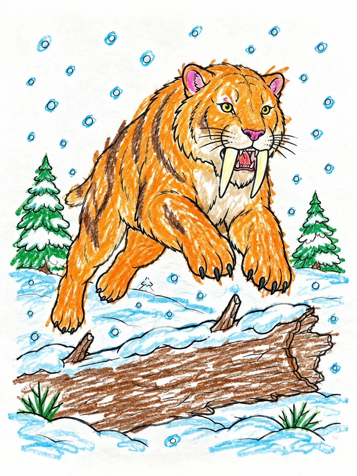Colored example of the Saber Toothed Tiger Leaping In Snow coloring page