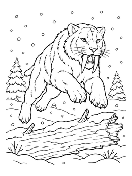 A saber-toothed cat leaps over a fallen tree in this saber tooth coloring page.