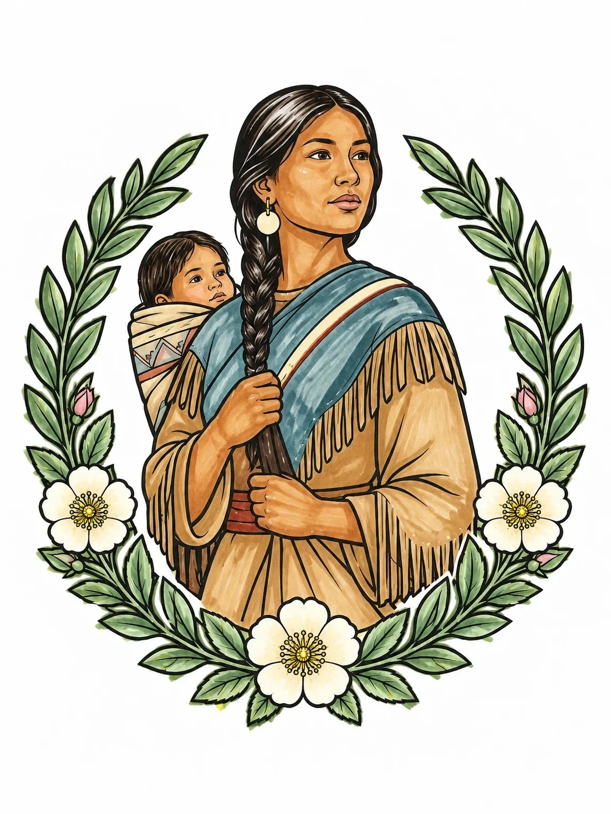 Colored example of the Sacagawea And Baby Jean Baptiste Portrait coloring page