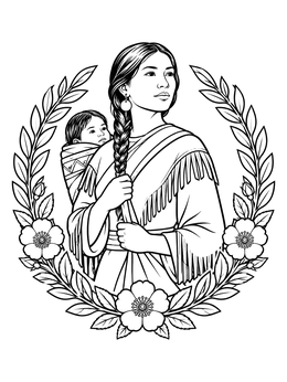 A detailed sacagawea coloring page featuring her carrying her child inside a floral wreath.
