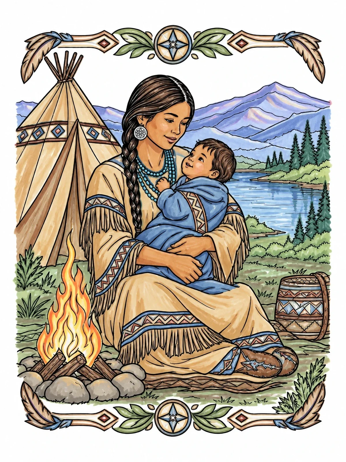 Colored example of the Sacagawea And Baby Jean Baptiste By Campfire coloring page