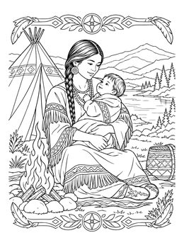 A serene sacagawea coloring page showing the Shoshone guide holding her baby by a campfire.