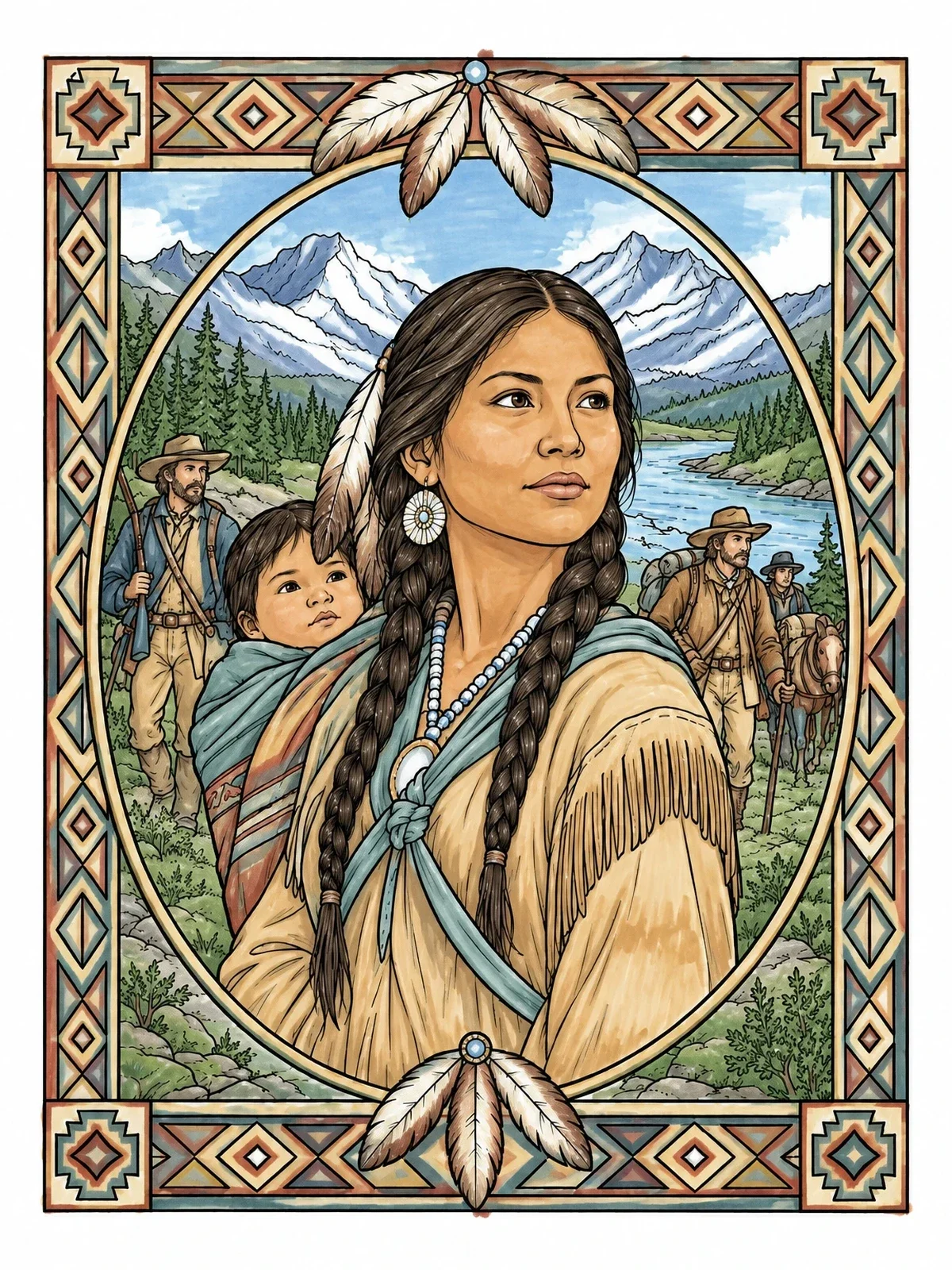 Colored example of the Sacagawea Portrait With Expedition Landscape coloring page