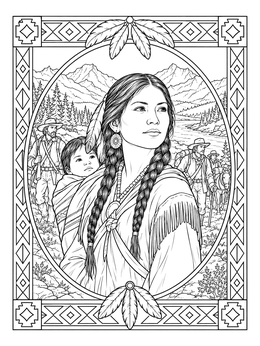 A detailed sacagawea coloring page featuring her baby and the expedition against mountains.
