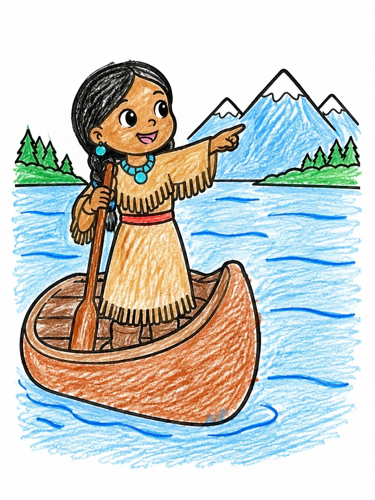 Colored example of the Sacagawea Guiding Canoe On River coloring page