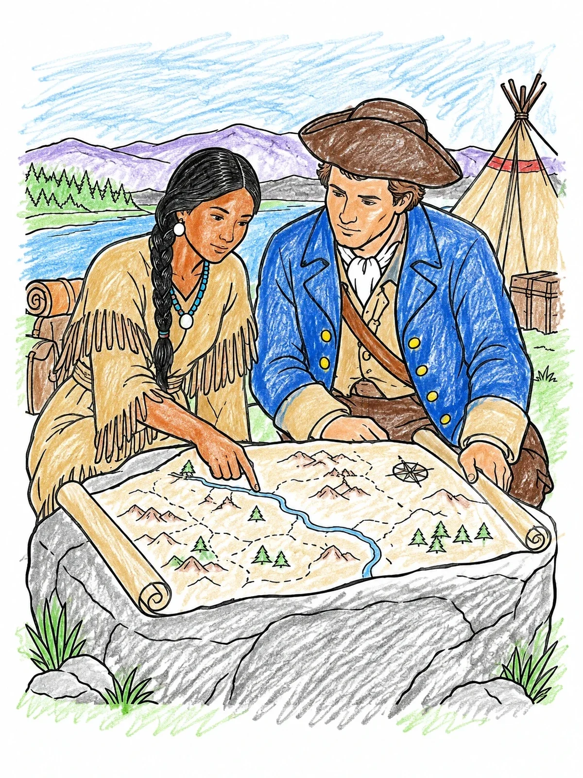 Colored example of the Sacagawea And Clark Studying Map coloring page