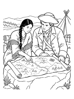 A detailed sacagawea coloring page showing Sacagawea and Clark examining an unrolled map on a rock.