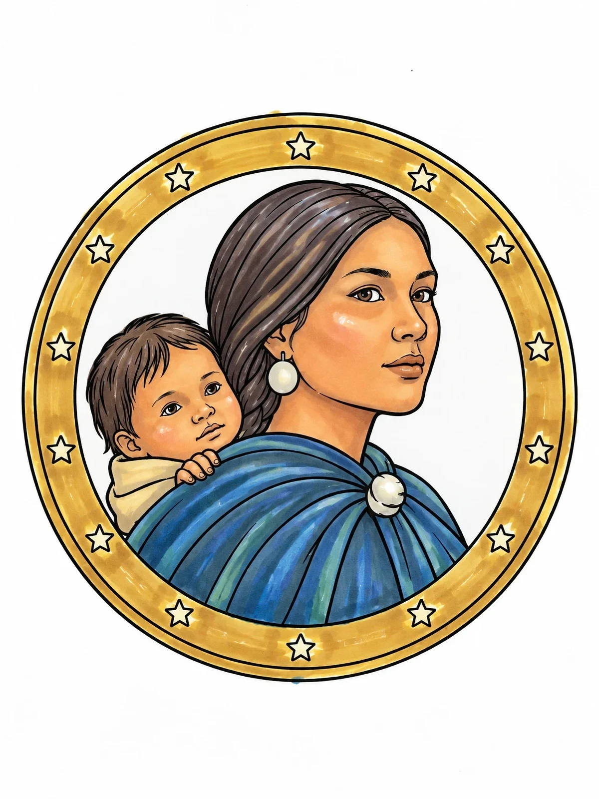 Colored example of the Sacagawea And Baby Jean Baptiste Coin Portrait coloring page