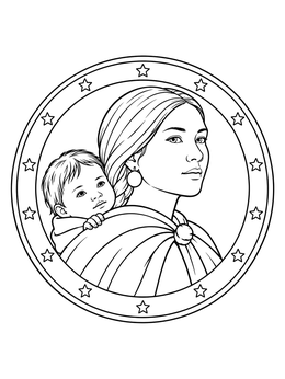 A detailed sacagawea coloring page showing Sacagawea carrying her baby inside a starry coin emblem.