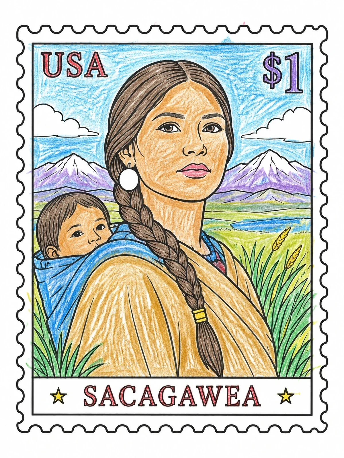 Colored example of the Sacagawea Commemorative Postage Stamp coloring page