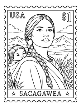 A decorative postage stamp design in this Sacagawea coloring page featuring the guide with her baby Jean Baptiste.