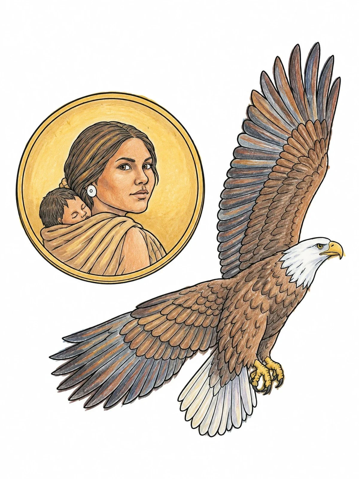 Colored example of the Sacagawea Dollar Coin And Bald Eagle coloring page
