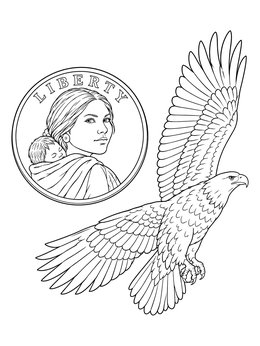 A detailed sacagawea coloring page featuring the historic dollar coin portrait and a flying bald eagle.