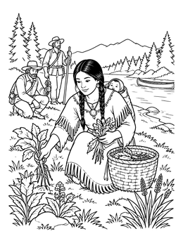 Free printable Sacagawea Foraging By The River coloring page