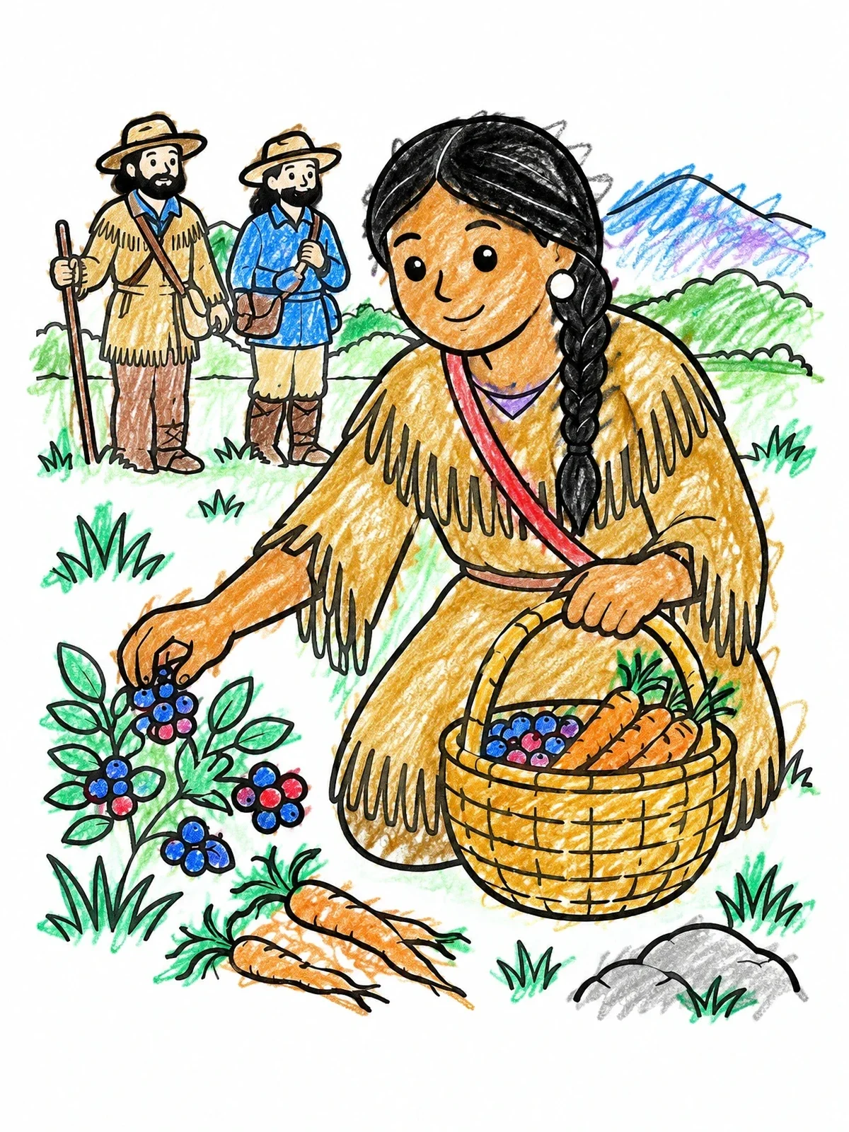 Colored example of the Sacagawea Gathering Wild Berries And Roots coloring page