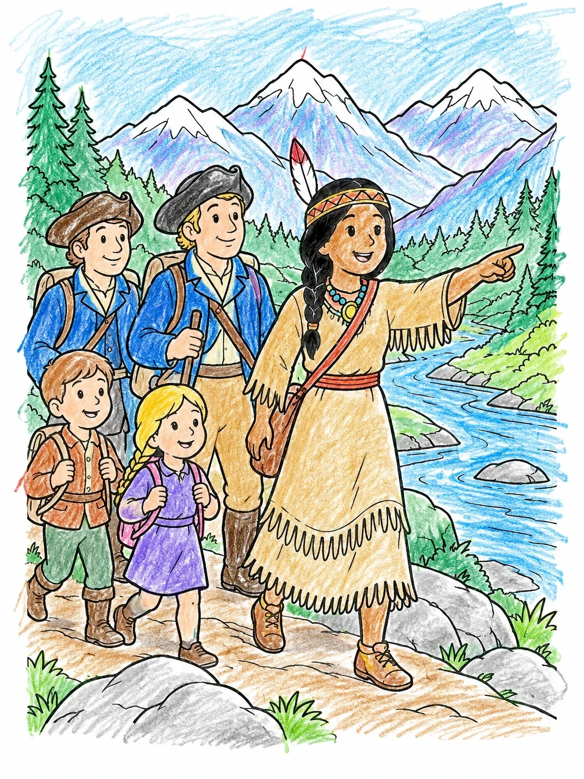 Colored example of the Sacagawea Guiding Explorers Along River coloring page