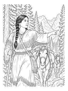 A detailed sacagawea coloring page showing the guide leading pack horses through mountain pine forests.