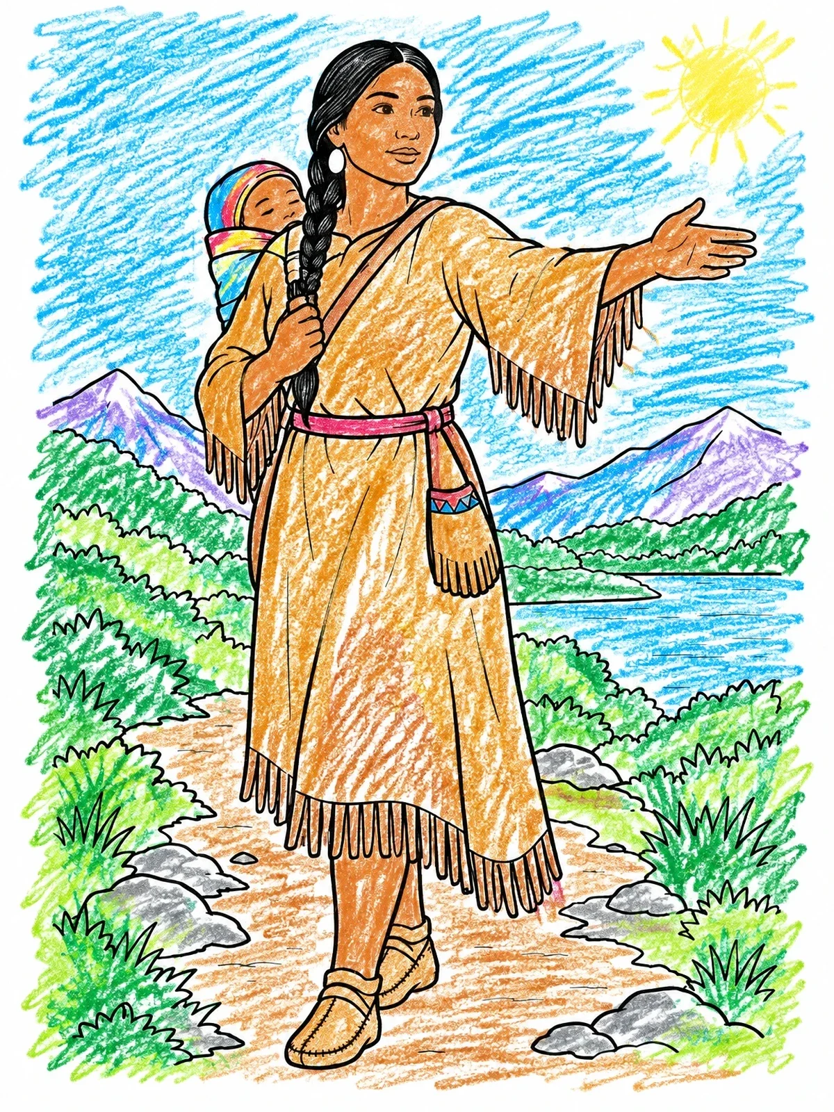 Colored example of the Sacagawea Guiding Along The Path coloring page