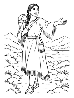 A detailed sacagawea coloring page showing the guide carrying her baby and gesturing forward along a trail.