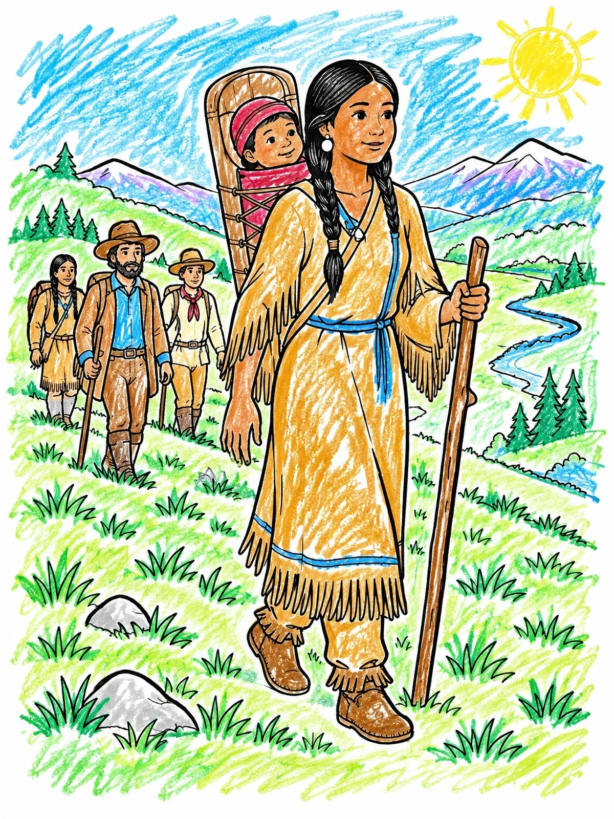 Colored example of the Sacagawea Guiding On The Trail coloring page