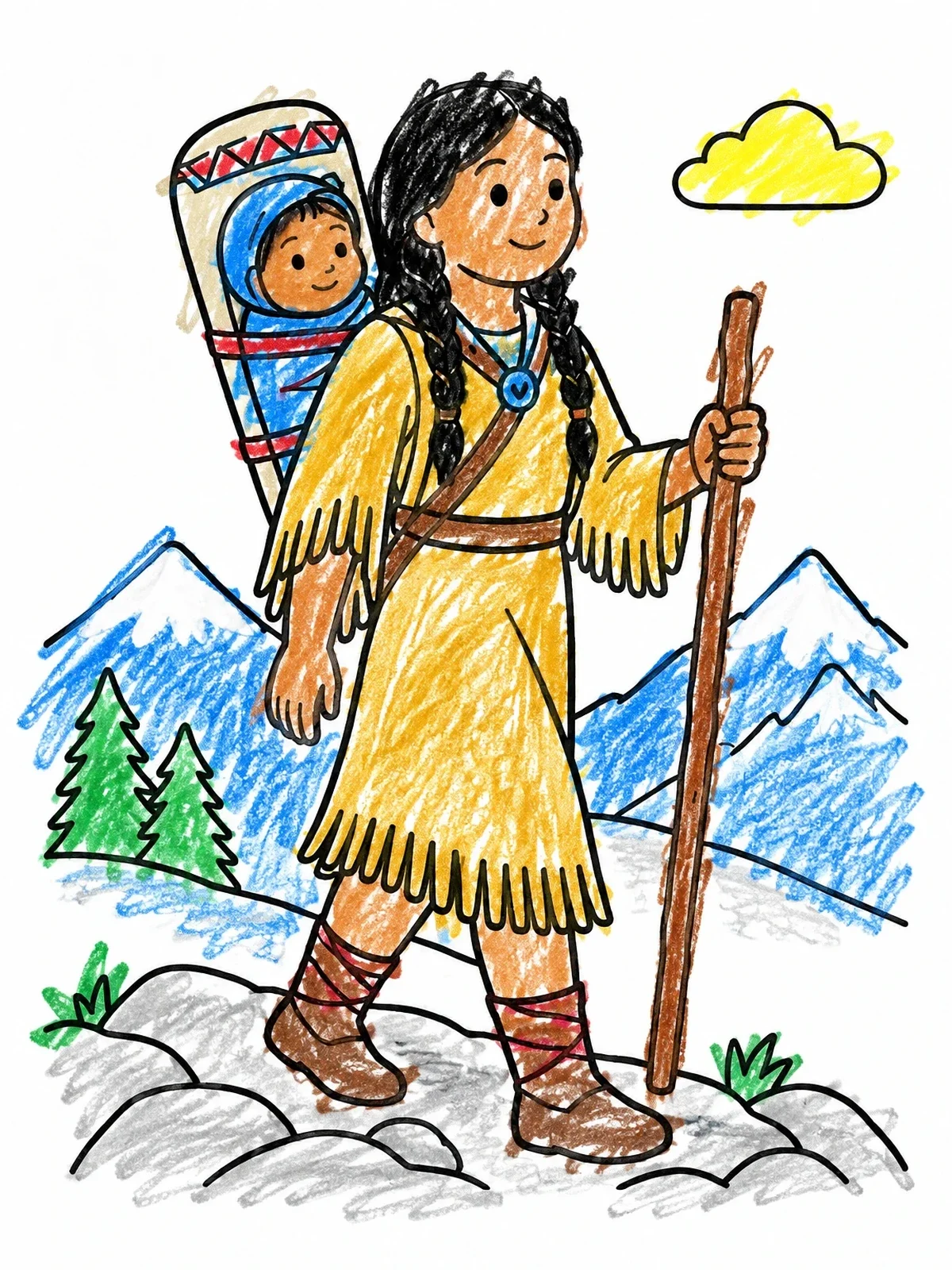 Colored example of the Sacagawea Hiking With Baby coloring page