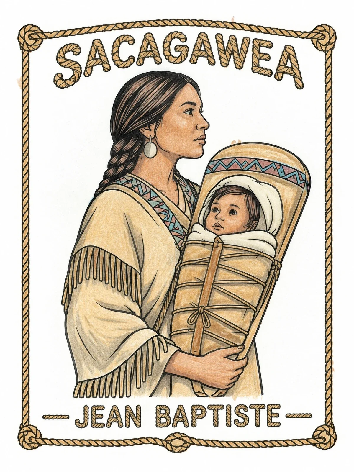 Colored example of the Sacagawea Holding Baby Jean Baptiste coloring page