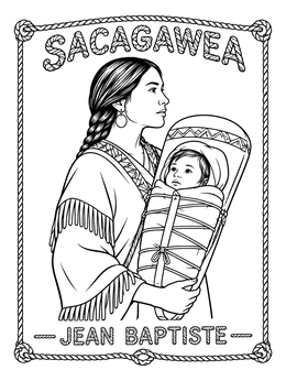 Historic sacagawea coloring page featuring the Shoshone guide holding baby Jean Baptiste in a cradleboard.