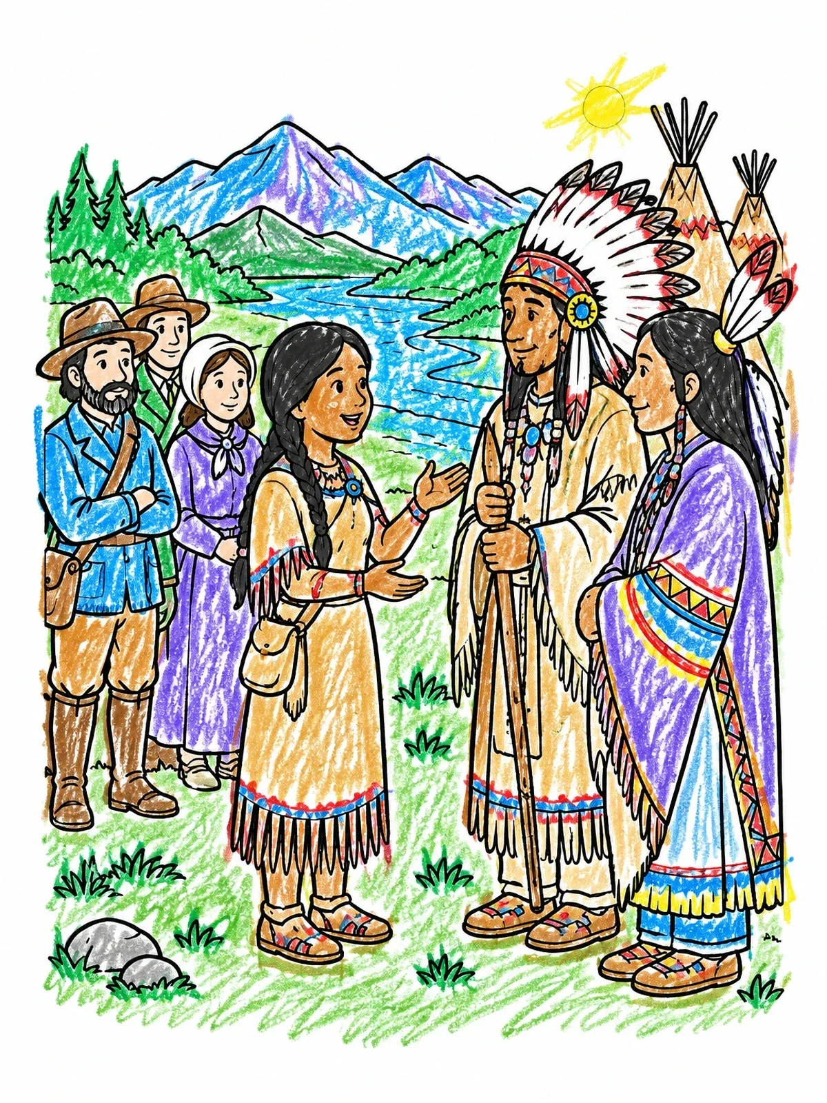 Colored example of the Sacagawea Meeting Shoshone Leaders coloring page