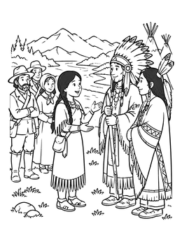 Free printable Sacagawea Meeting Shoshone Leaders coloring page