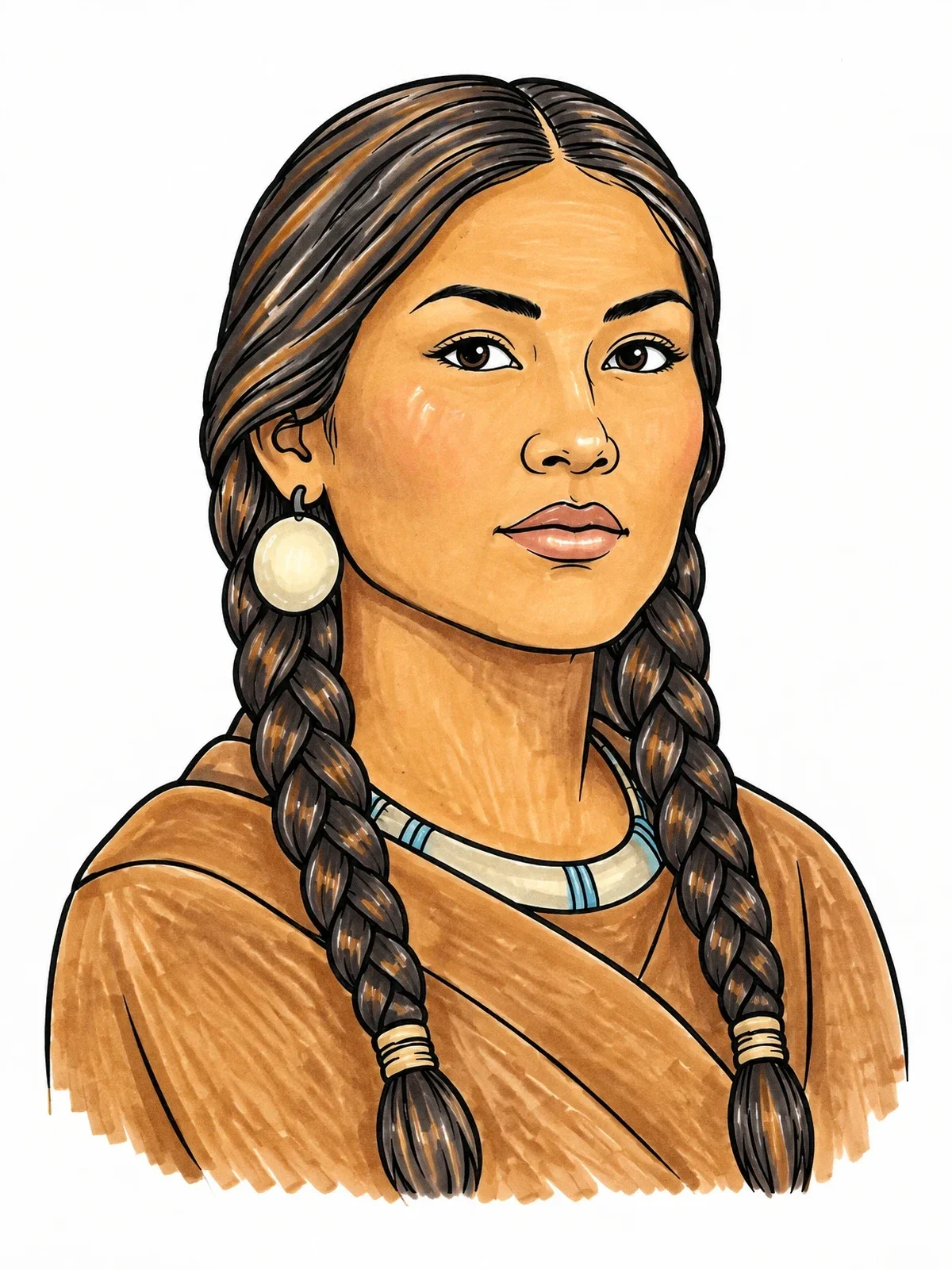 Colored example of the Sacagawea Portrait Line Art coloring page