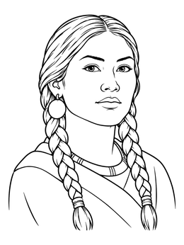 A detailed sacagawea coloring page featuring a bust portrait with braided hair.